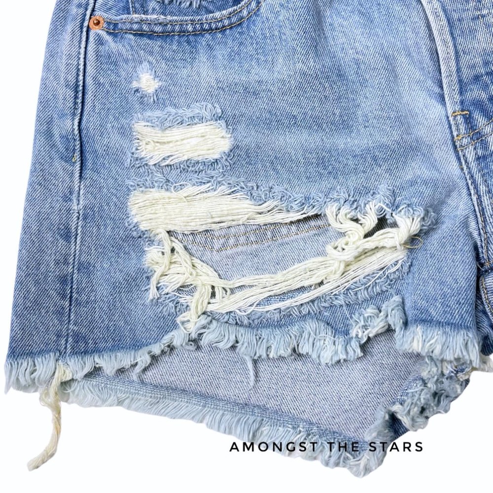 Levi's 501 Fault Line High Rise Blue Distressed Denim Shorts - Picture 4 of 13